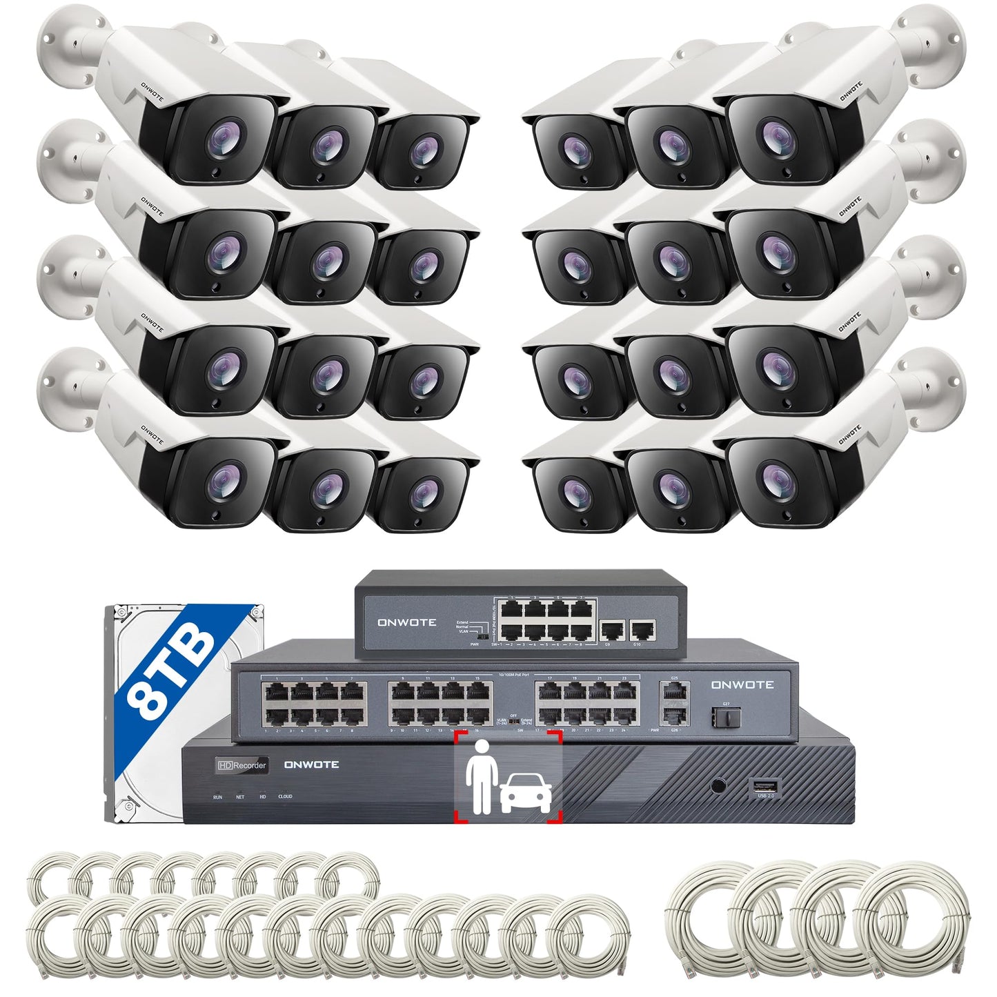 ONWOTE 32 Channel Security Camera System with 2280ft Cables, 12MP 32CH NVR 8TB, 32 Ports Switch, 24x 6MP Wired Audio PoE IP Cameras, AI Human Vehicle Detection, Commercial Surveillance for Business