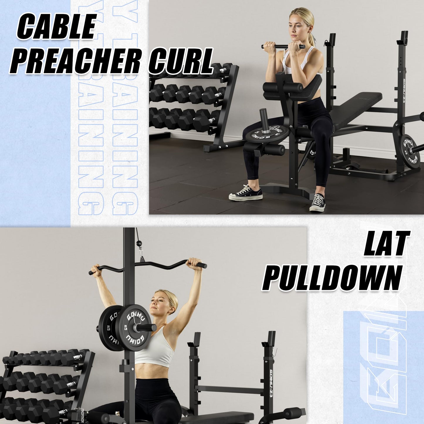 Goimu Z3 900LBS Olympic Weight Bench Set with Leg Extension, 9 in 1 Workout Press with Preacher Curl Pad and LAT Pulldown, Strength Training Bench for Home Gym (100lbs Colorful Plates and Bench)