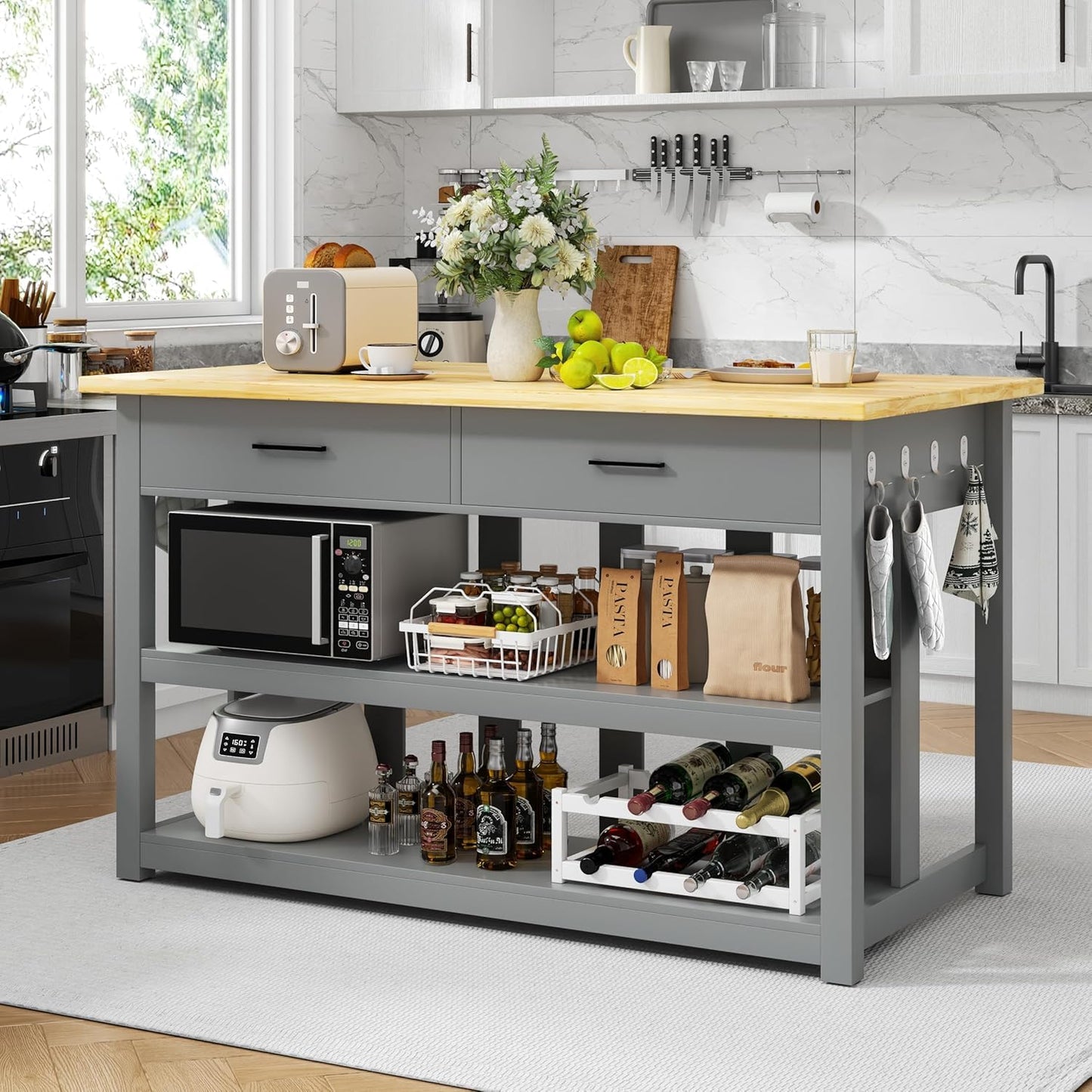 DynJest 47.3" Solid Rubberwood Kitchen Island with Power Outlets - Extra Large Work Surface, 2 Drawers & Open Shelves Storage Cabinet for Kitchen Dining Room, Farmhouse Style (Grey)