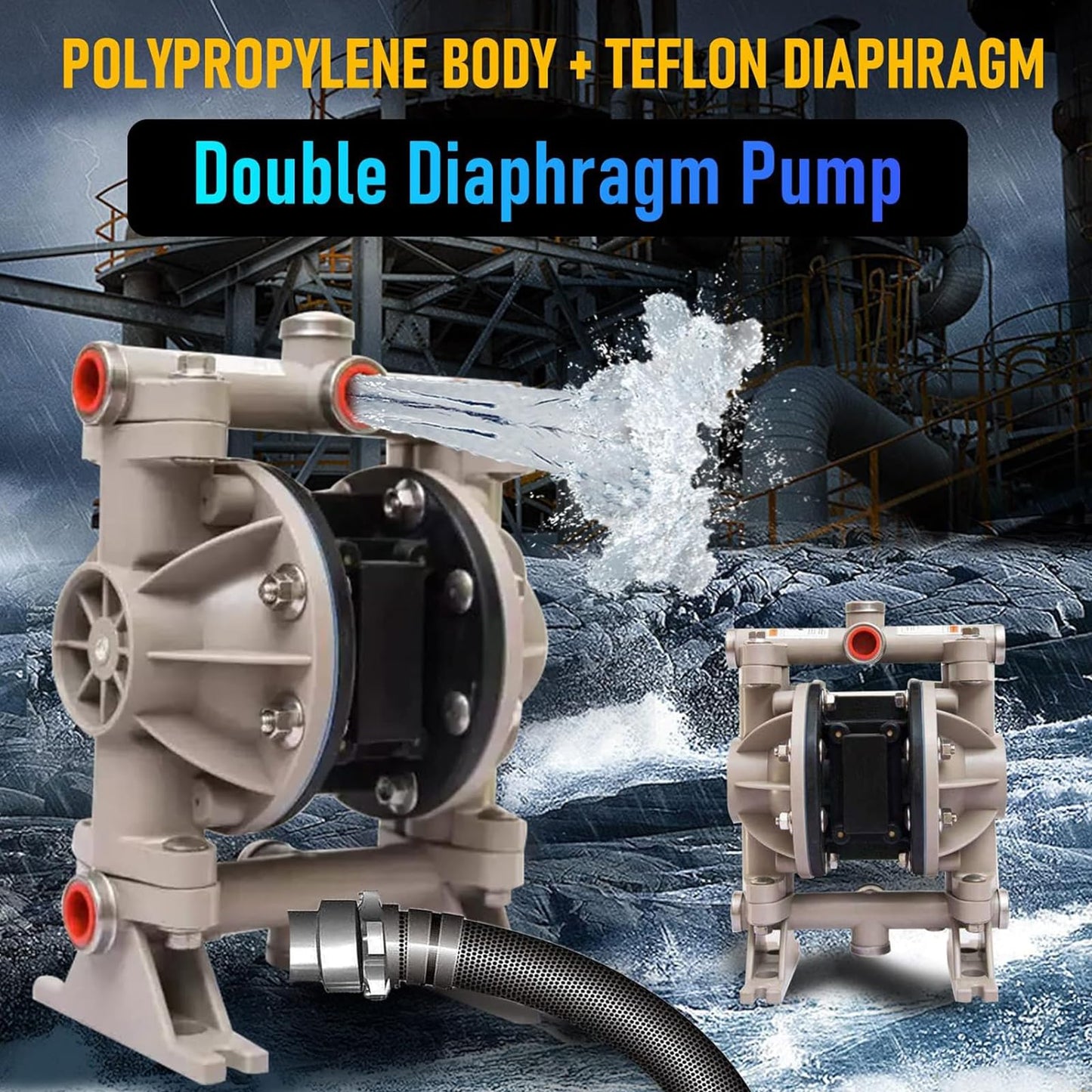 Air Operated Double Diaphragm Pump 1/2 inch Inlet/Outlet Pneumatic Waste Oil Transfer Pump for Chemical DN15 15GPM Dual Diaphram Teflon byPolypropylene115 PSI
