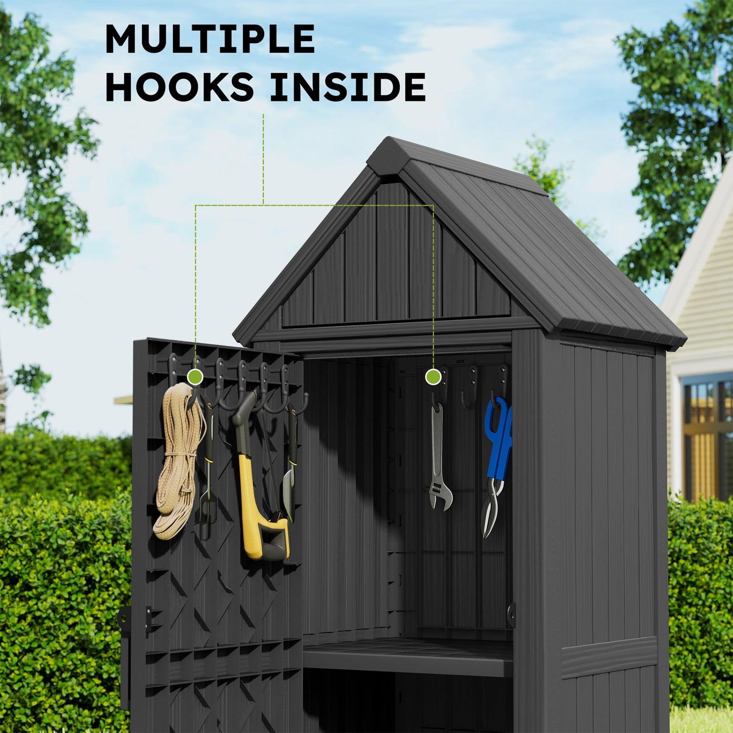 WTFGO Vertical Outdoor Storage Shed, Waterproof Resin Outdoor Storage Cabinet with Removable Shelves & 12 Hooks, Lockable Small Tool Shed for Garden, Backyard, Patio, Pool, Black