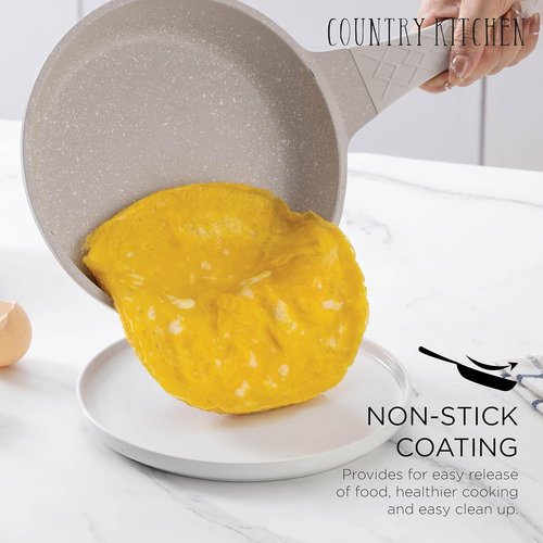 Country Kitchen Non-Stick Cast Aluminum Cookware Set - Durable 11-Piece Kitchen Essentials in Cream Rhombus