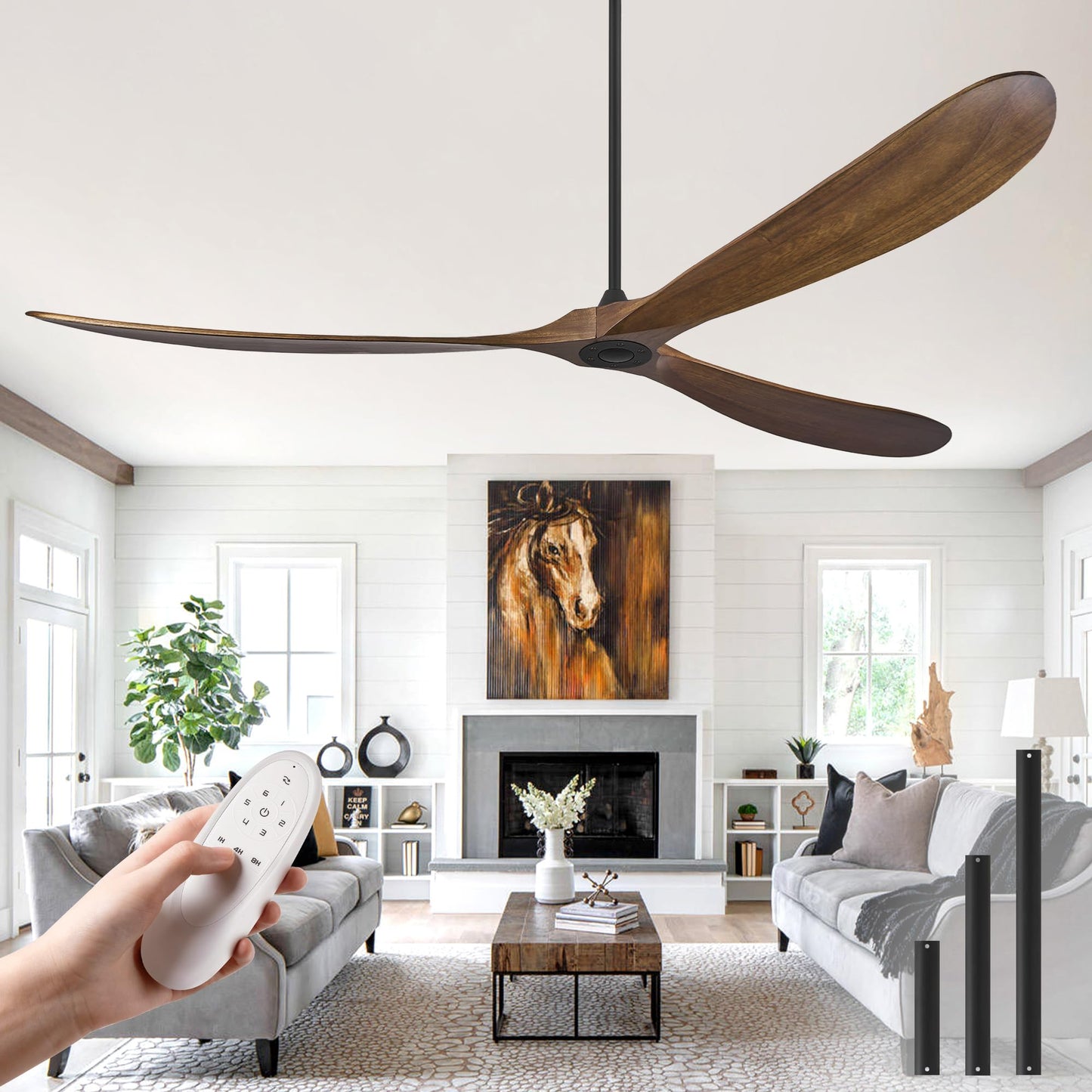 Haipeel Wood Ceiling Fans without Lights, 84 Inch Extra Large Ceiling Fan no Light with Remote, High CFM Indoor Outdoor Ceiling Fan no Light 3 Blade Propeller for Patios Farmhouse Garage, Dark Walnut