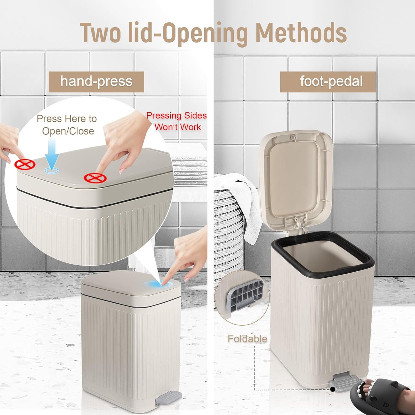 Rejomiik Small Bathroom Trash Can - Slim Soft Close Lid Wastebasket | 1.9 Gallon Cream Color