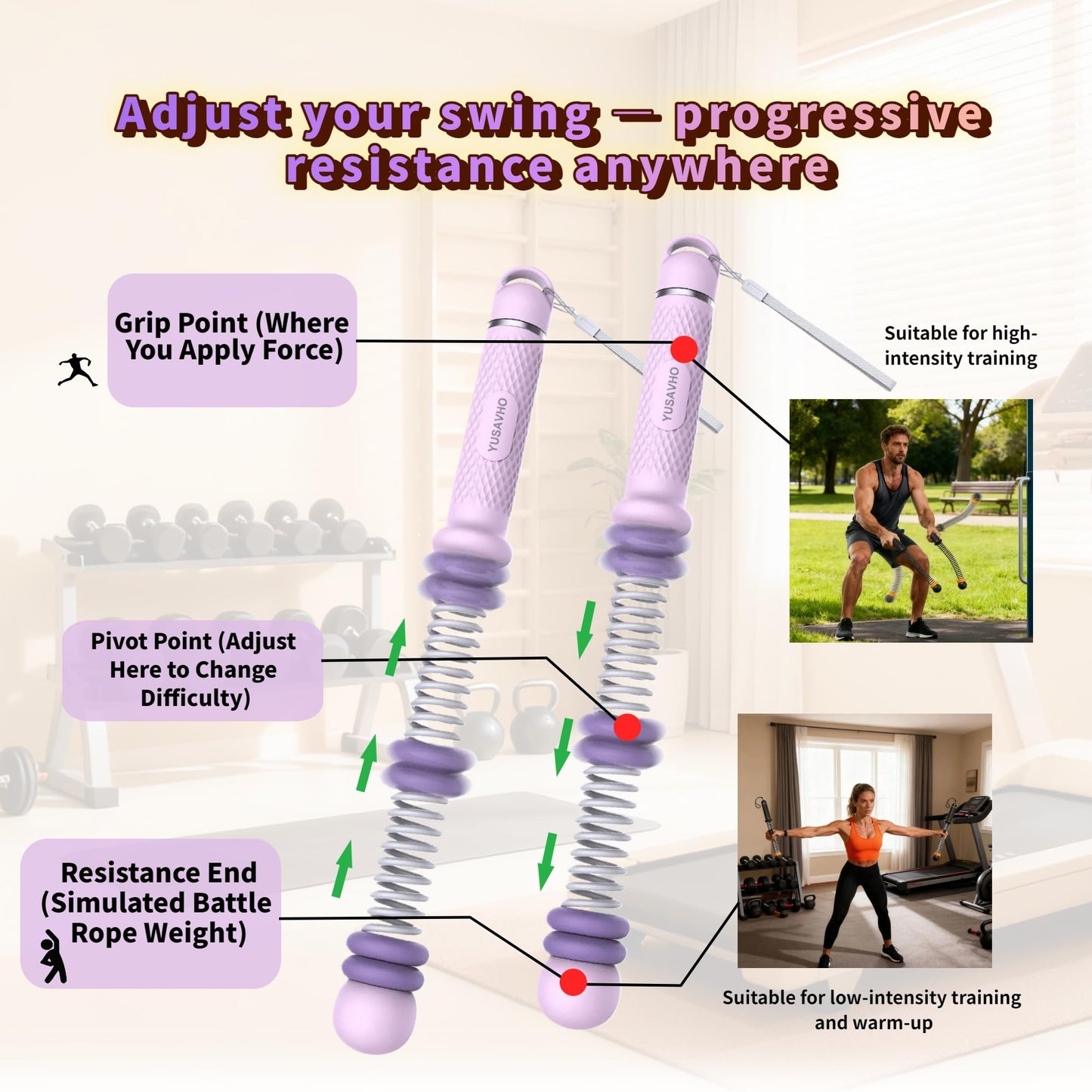 Adjustable Ropeless Battle Ropes for Home Gym for Men & Women, Quiet Air Resistance Heavy Duty Cordless Battle Rope,Exercise Ropes with Variable Resistance, Strength & Low-Impact Cardio for HIIT