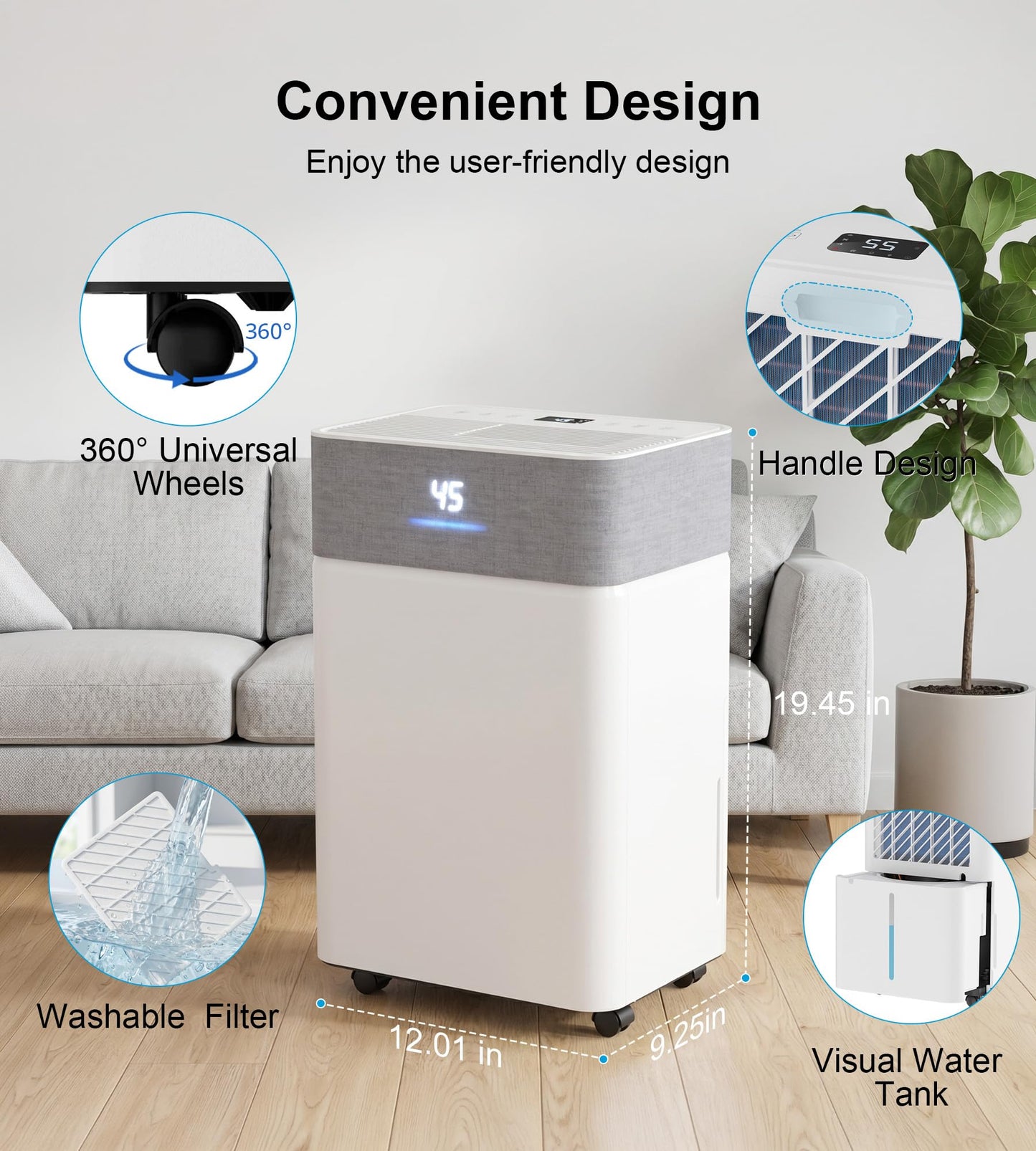 AKIRES 55Pint Dehumidifier for 4000Sq.Ft, Smart Dehumidifier with Drain Hose, 1.15Gal Removable Tank, LED Display, 24H Timer & Child Lock, Dehumidifier for Basement,Bedroom,Bathroom(White)