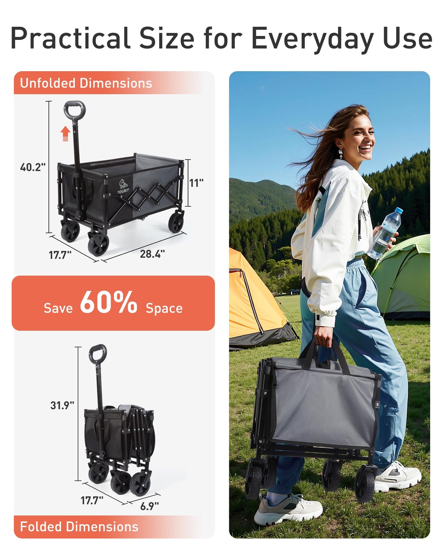 TOURIT Foldable Collapsible Wagon with All Terrain Wheels, Heavy Duty Portable Cart for Camping Beach Shopping, 330 lbs Capacity Utility Cart, Black
