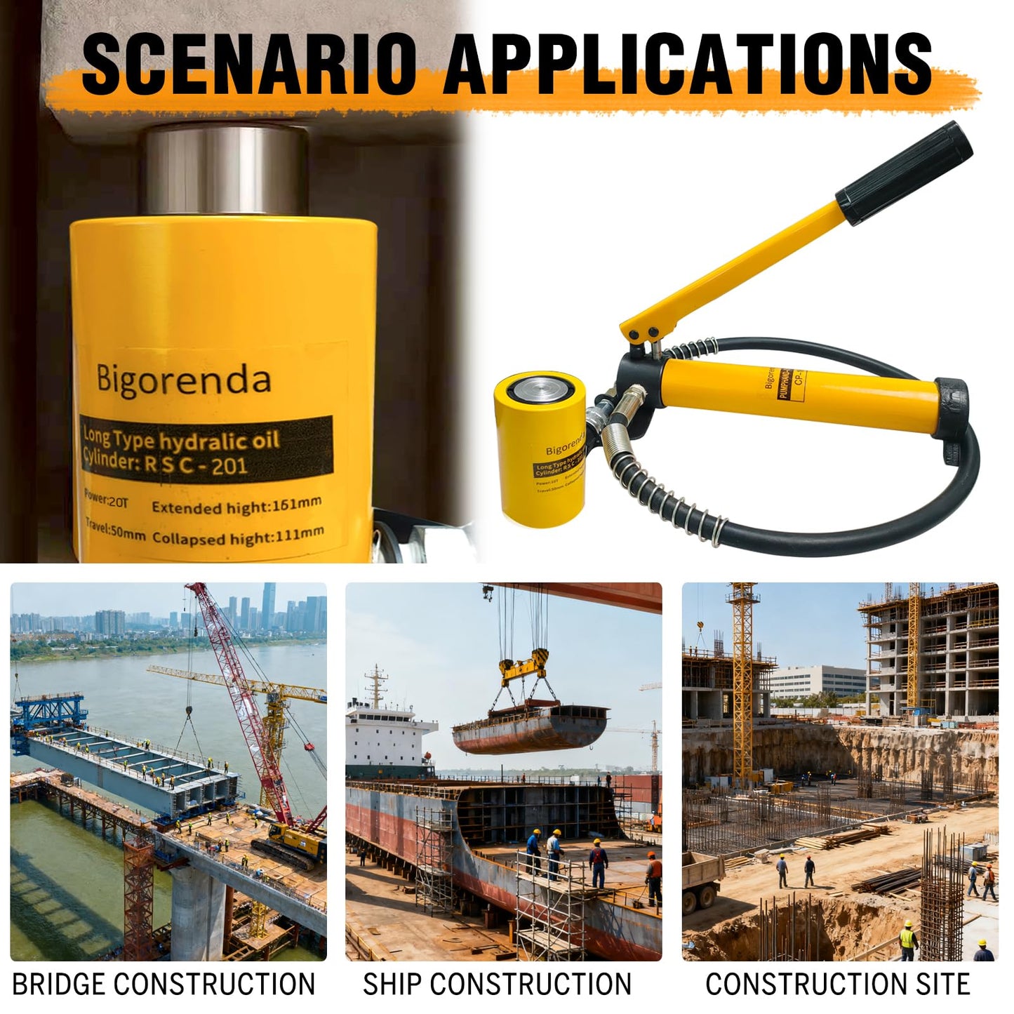 Bigorenda 20T Hydraulic Cylinder Jack Sets Porta Power Ram Jack Kit,CP-180 Manual Hydraulic Hand Pump,2"Stroke,Single Acting Lifting Cylinder for Machinery Shipbuilding Short Distance Lifting Leveling