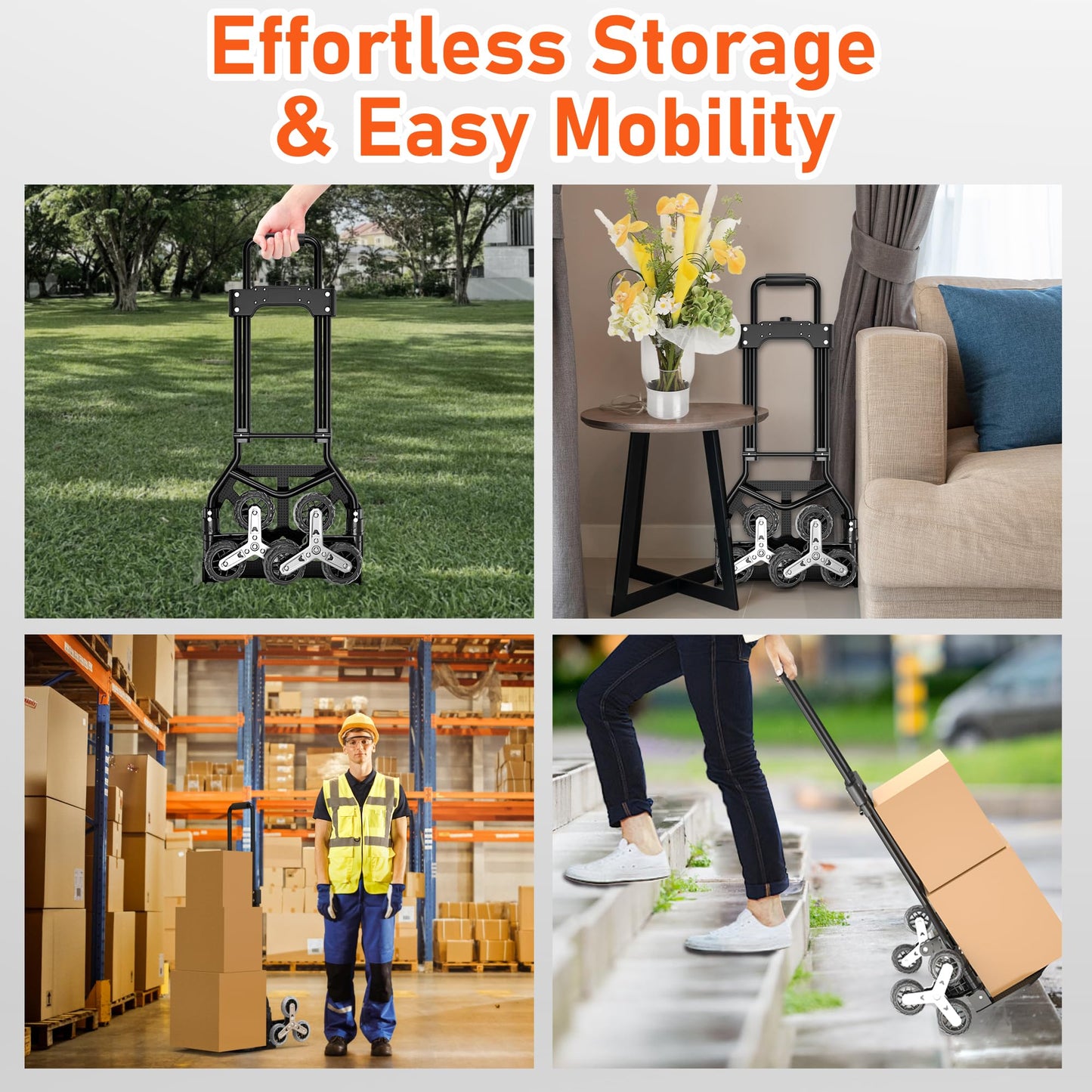 DIAMONDFORGE Stair Climbing Dolly, 220LBS Heavy Duty Stair Climbing Cart with Telescoping Handle, Portable Folding Aluminum Cart for Stairs, 6 Wheels & Rope for Home, Groceries, Black