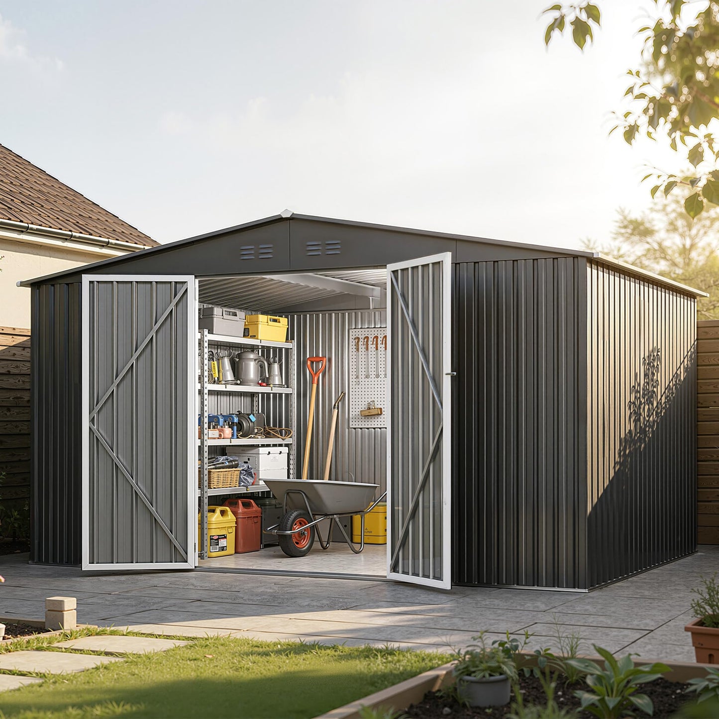 12 x 10FT Sheds & Outdoor Storage, Dark Grey Metal Waterproof Storage Shed with Door and Lock Outdoor Shed,All-Weather Shelter for Bike, Gardening Tools, Lawn Mowers