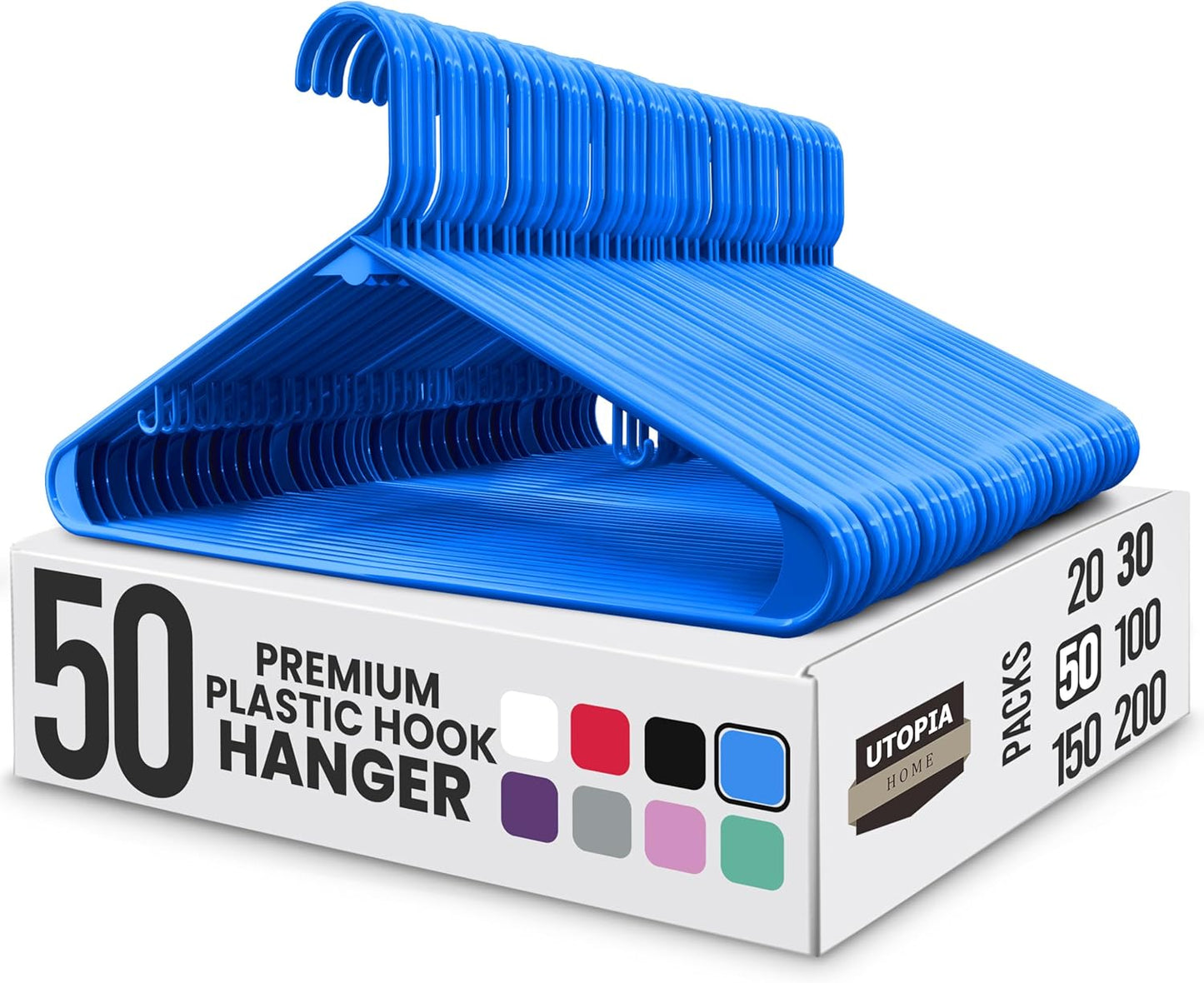 Utopia Home Plastic Hangers 50 Pack - Durable Space-Saving Closet Organizers - Ideal for Shirts, Pants & Coats (Blue)