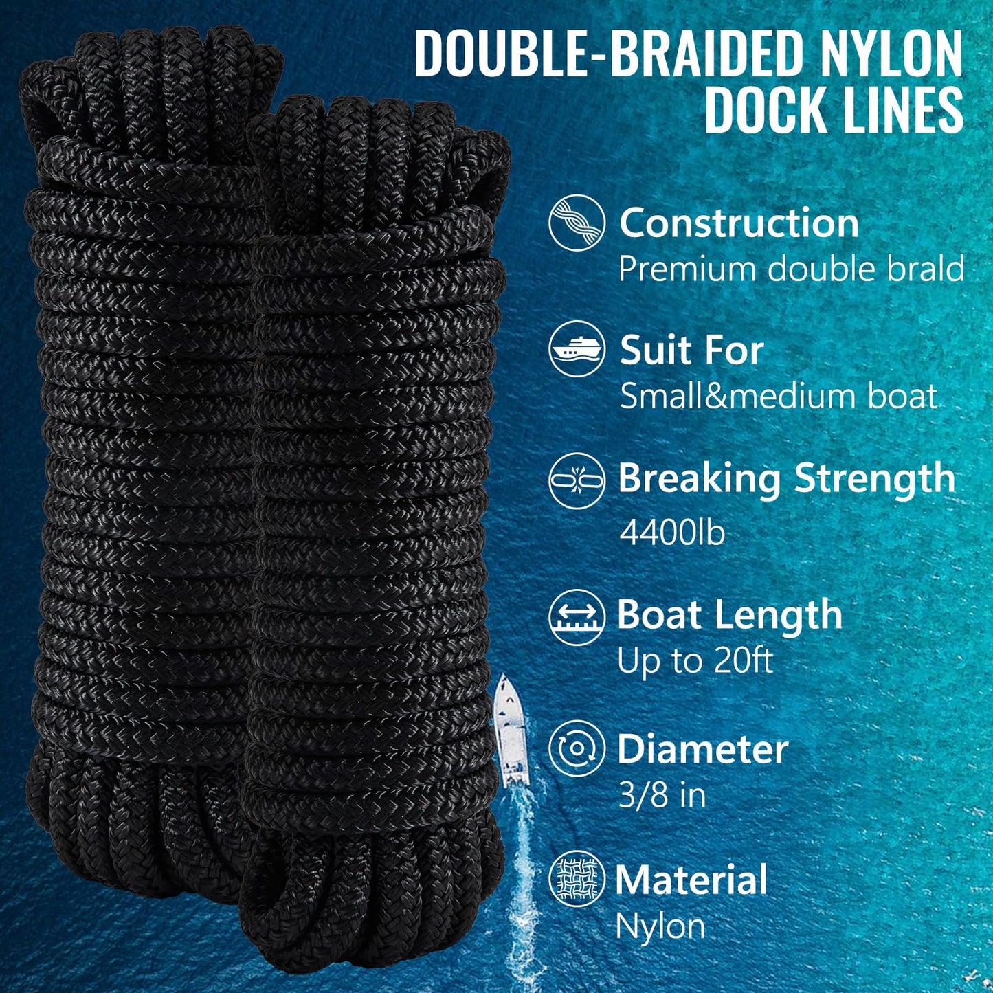2 Pack 3/8" x 20' Boat Dock Lines for Boat & Pontoon, Premium Marine- Grade Double Braided Nylon Boat Lines, Pre-Spliced with a 12" Eyelet-Black,High Strength,Easy Handling,Boating Gifts for Men.