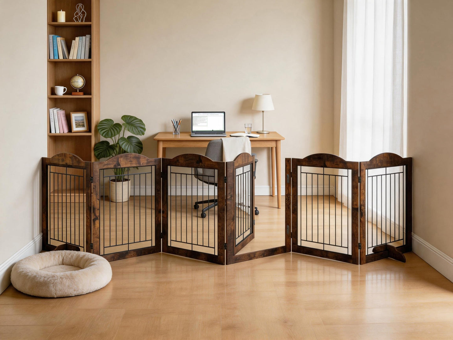 Vantas Folding No-Assembly Dog Door Pet Gate 144" Wide, 30" Tall Wooden Dog Gate with Door Walk Through, Freestanding Wire Pet Gate, Pet Puppy Safety Fence, with 2PCS Support - Rustic Brown