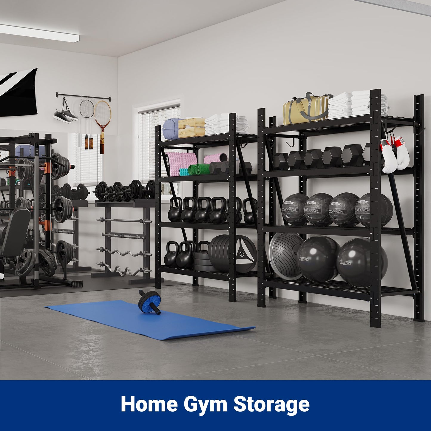 FLEXIMOUNTS Garage Shelving Heavy Duty, 49.6" W 4-Tier 10000LBS Industrial Shelving Unit with 4 Hooks, Adjustable Storage Shelves for Garage, Basement, Warehouse, 71" H x 49.6" W x 23.6" D