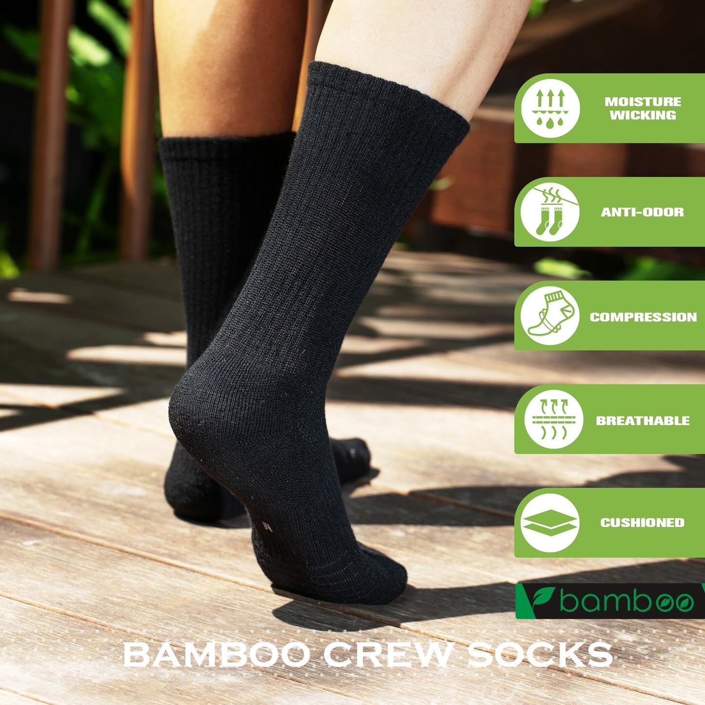 BloomBuddies Bamboo Viscose 6 Pair Men Women Crew Compression Sock Running Cushion Moisture Wick Anti Blister Athletic Hiking
