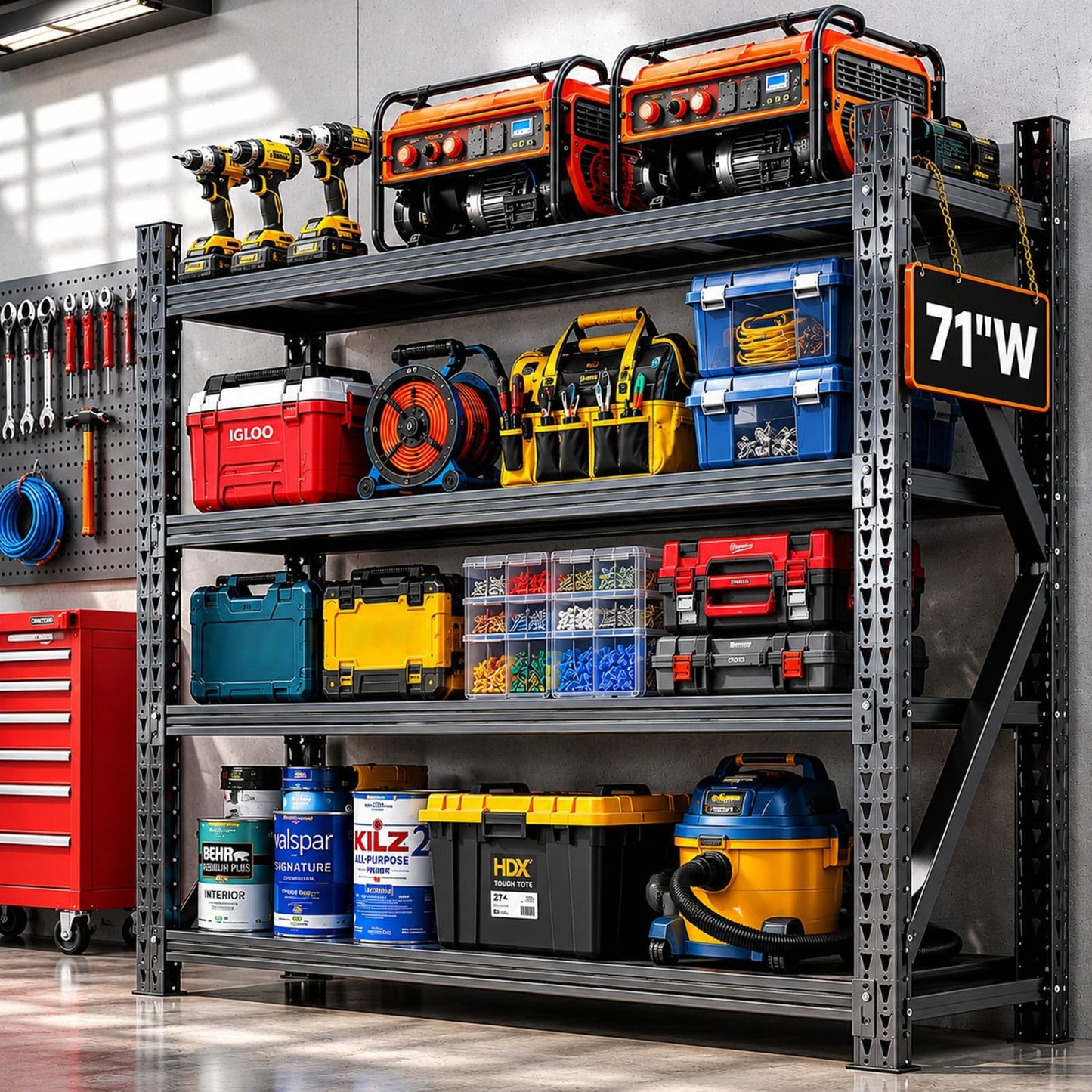 FYYXTEE 5000LBS Garage Shelving, 71" W Heavy Duty Metal Adjustable 4 Tier Storage for Warehouse, Basement, Shop and Office, Commercial-Grade Steel Organizer, 71" W x 24" D x 69" H