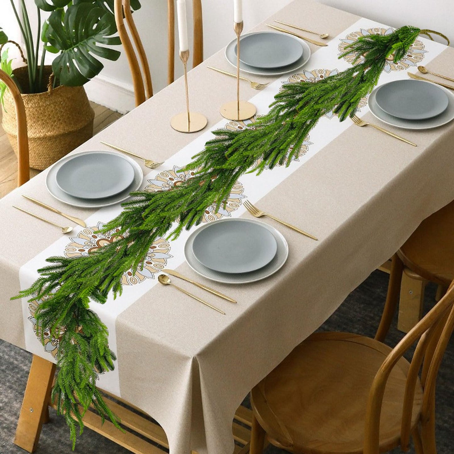 Tirdkid 2 Pack Christmas Garland Table Garland Real Touch Norfolk Pine Garland, 12ft Artificial Faux Greenery Garlands for Wedding Mantle Indoor Home Decor Xmas Holiday Seasonal