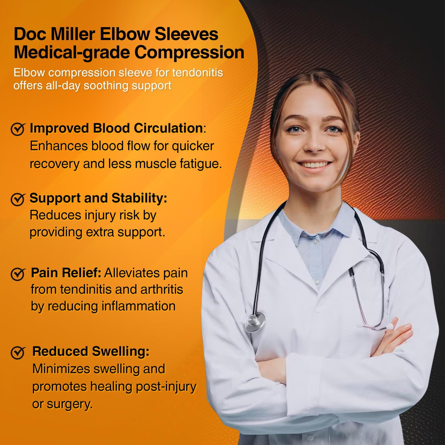 Doc Miller Elbow Compression Sleeve for Tendonitis – Medical Compression Support, Arm Brace for Tennis Injuries, Bursitis Relief Sleeve, Tendon Support for Active Use for Women & Men – 1 Pair