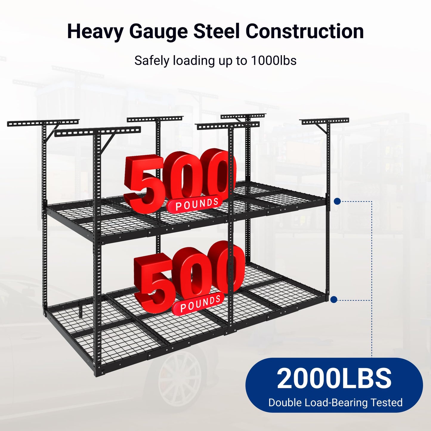 FLEXIMOUNTS 4x8 2-Tier Overhead Garage Storage Rack – Adjustable Heavy Duty Metal Garage Ceiling Storage Racks, 1000 lbs Capacity – Garages Organization System for 9–15 ft Tall Garages, Black