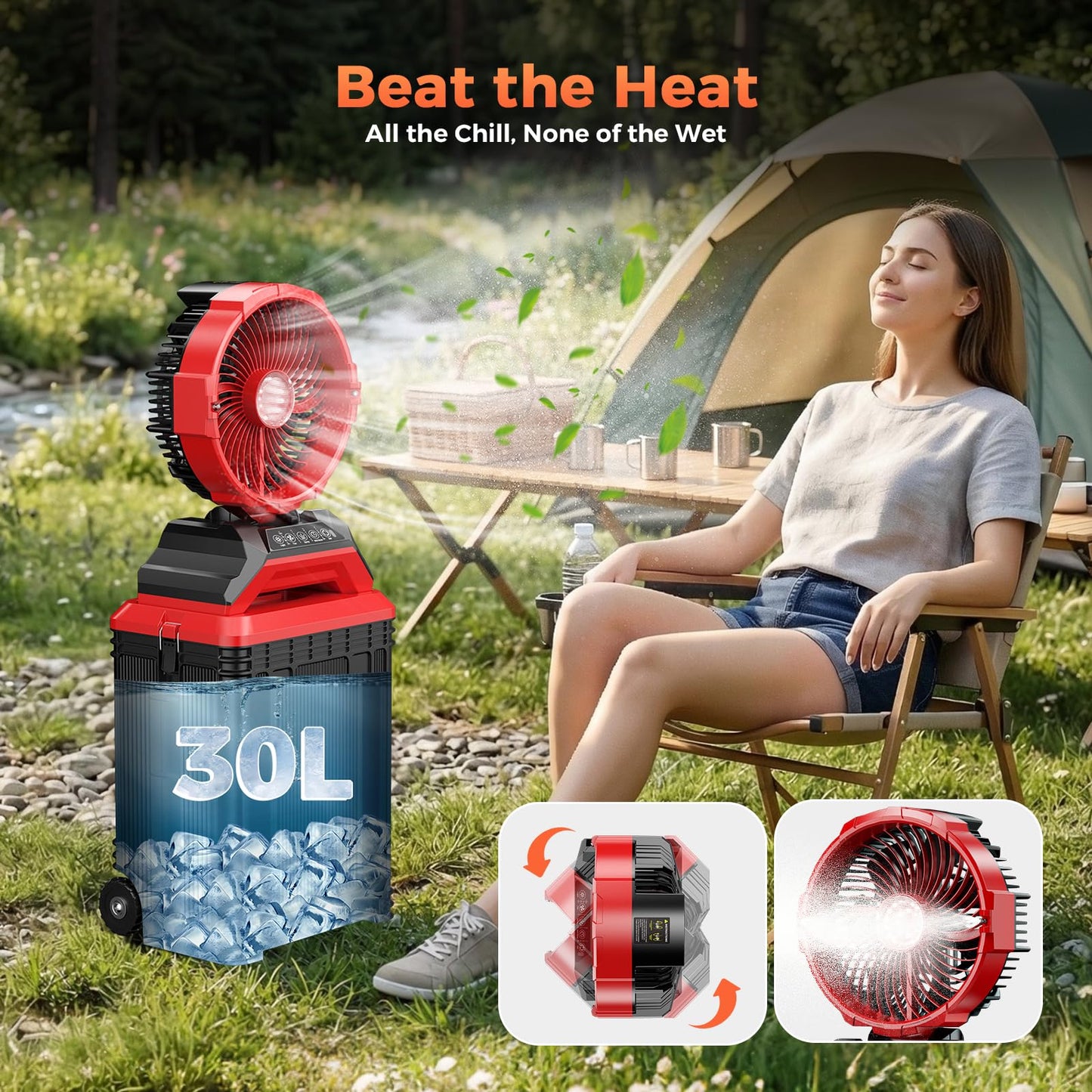 Portable Misting Fan with Wheels, 2-in-1 Rolling Mist Fan with 30L Water Tank, 30000mAh Rechargeable Battery Operated Cooling Station with Remote for Golf Cart, Patio, Camping, Outside & Travel