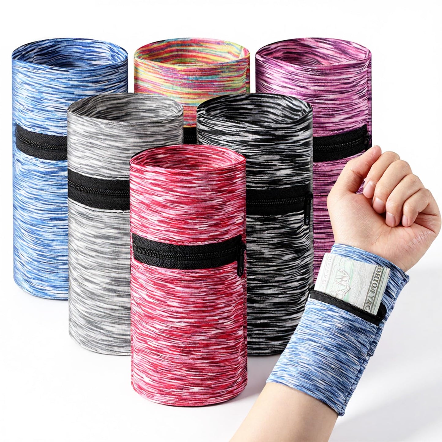Yuanan 6 PCS Wrist Wallet, Wrist Pouch with Zipper High Elasticity Wristband Wallet Light Comfortable Ankle Wallets Key Card Storage Bags for Women Men Travel Running Walking Hiking-6 Colors