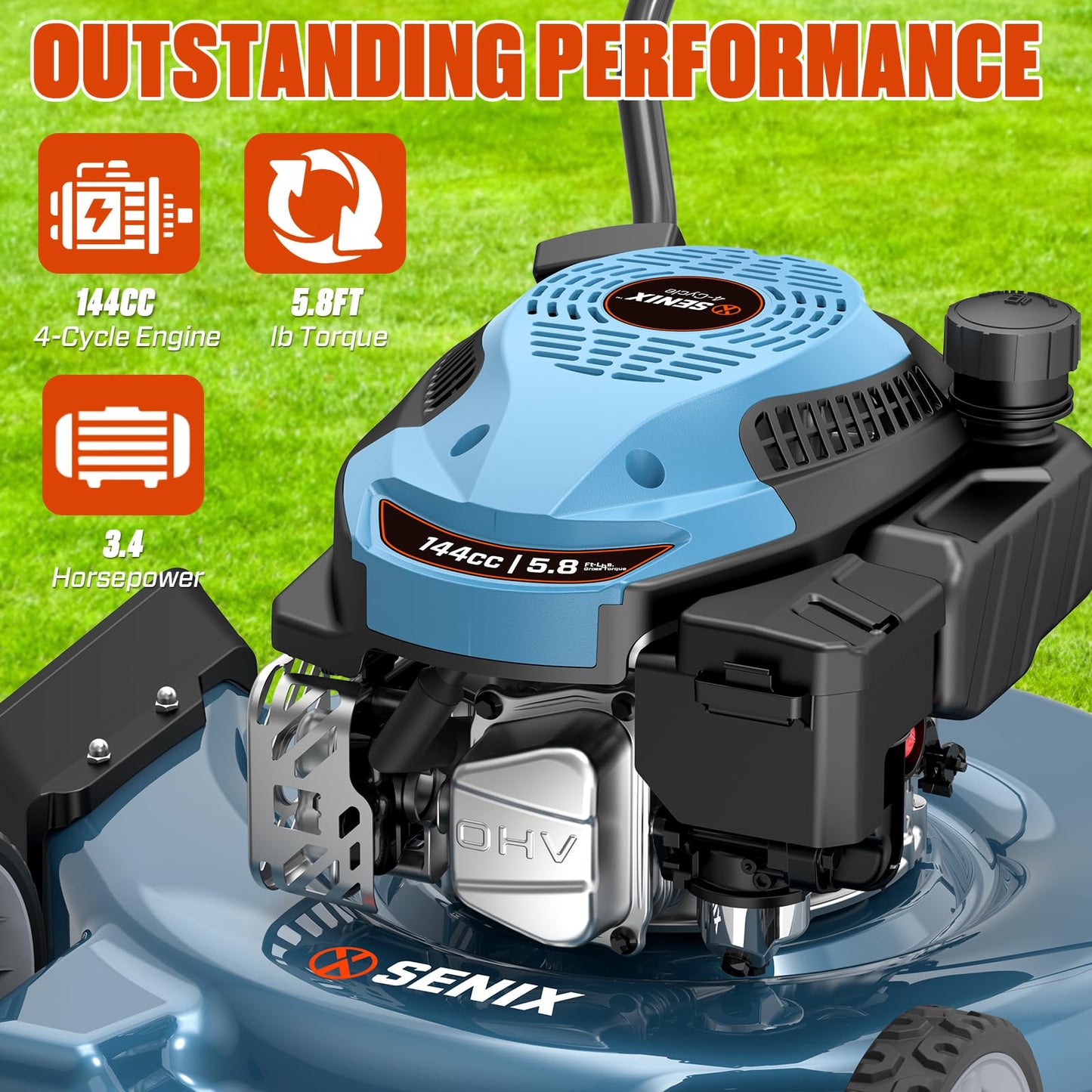 SENIX 20" Gas Lawn Mower, 144 cc Gas Powered Lawnmower, 4-Cycle Engine Walk-Behind Push Lawn Mowers, 3 Cutting Height, Lightweight,for Garden Yard