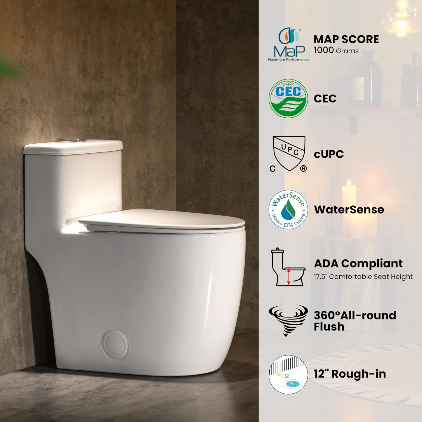Casta Diva One Piece Toilet Elongated with 17.5" ADA Height Comfort Chair Seat Compact Modern Toilets for Bathroom, Dual Flush High Efficiency 1.0/1.28 GPF & MAP 1000g, 12'' Rough-in, White