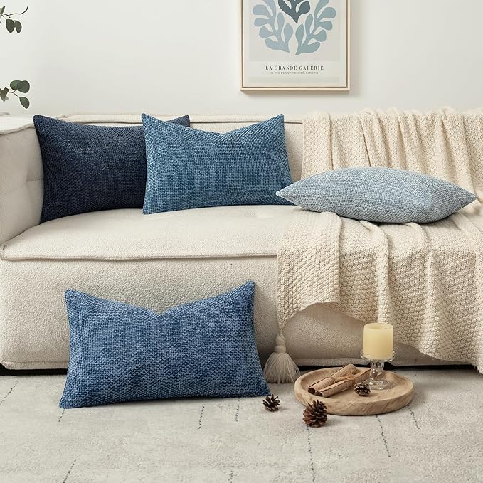 MIULEE Pack of 4 Couch Throw Pillow Covers 12x20 Inch Neutral Blue Soft Decorative Chenille Pillow Covers Farmhouse Accent Cushion Covers for Boho Western Spring Coastal Decor Sofa Bed Living Room