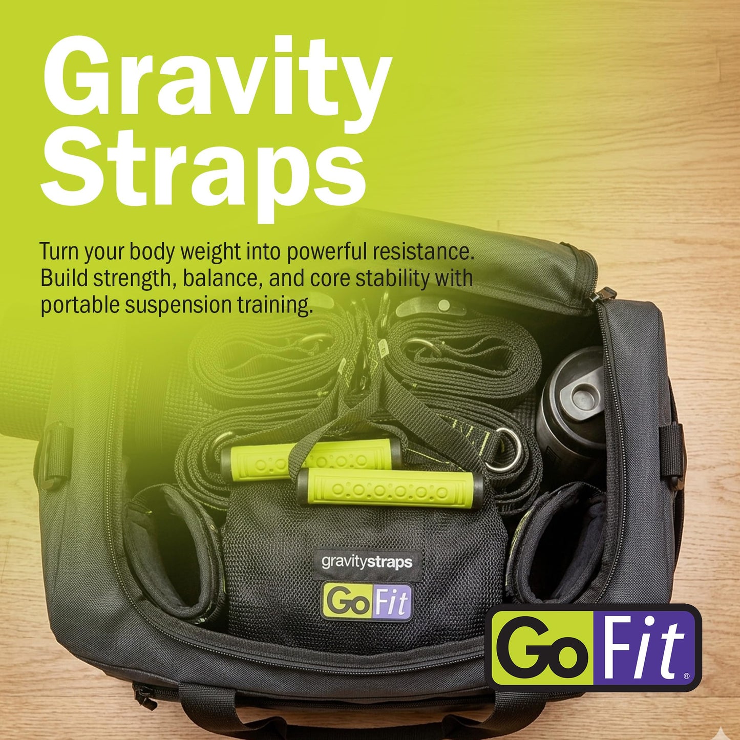 GoFit Gravity Straps Suspension Trainer with Exercise Manual, Adjustable Bodyweight Training System with Handles and Anchoring Strap for Full Body Strength and Stability Workouts