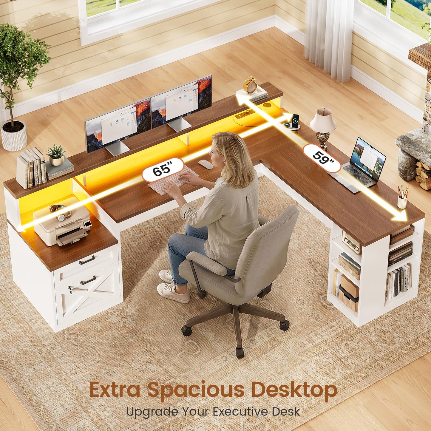 SEDETA L Shaped Desk with 2 Drawers, 65"x 59" Large Home Office Desk with Lockable File Drawer & Power Strip, Corner Desk with Storage & LED Strip, White + Brown