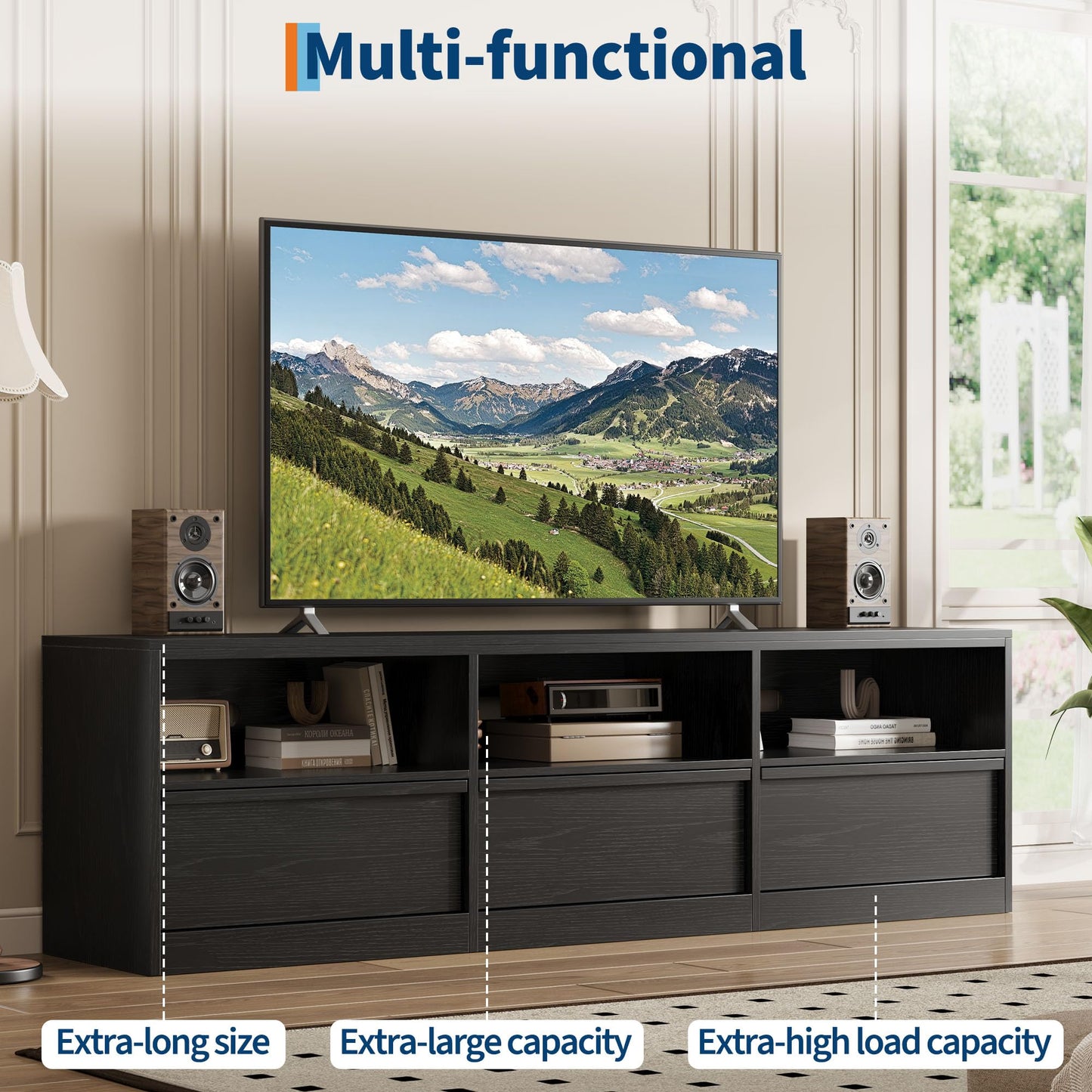 IDEALHOUSE 70" TV Stand for 75 80 Inch TV, Mid-Century Modern Entertainment Center with Storage Drawer & Open Shelves, Wood Media Console Table for Living Room & Bedroom, Black