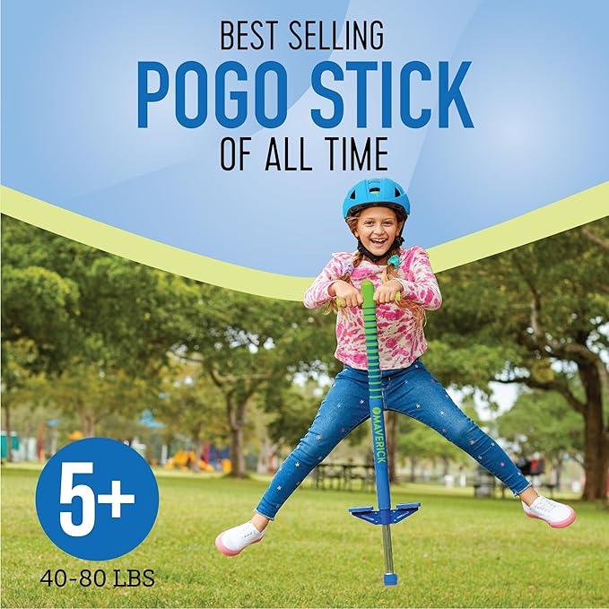 Flybar Maverick 2.0 Foam Pogo Stick for Kids Ages 5 and Up, 40 to 80 Pounds - Outdoor Toy for Boys and Girls With Rubber Grip by The Original Pogo Stick Company (Blue/Green)