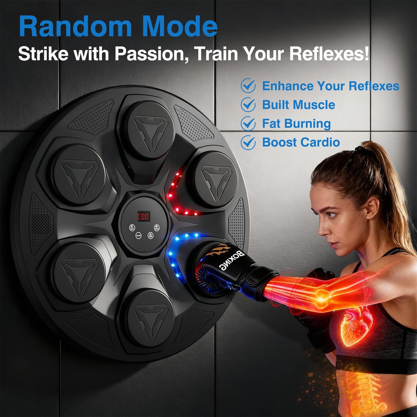 Upgrade Music Boxing Machine For Adults Kids, Interactive Music Punching Machine with Gloves 12 Modes 12 Speeds, Wall Mounted Electronic Boxing Punching Pad with Wireless Connection LED Display