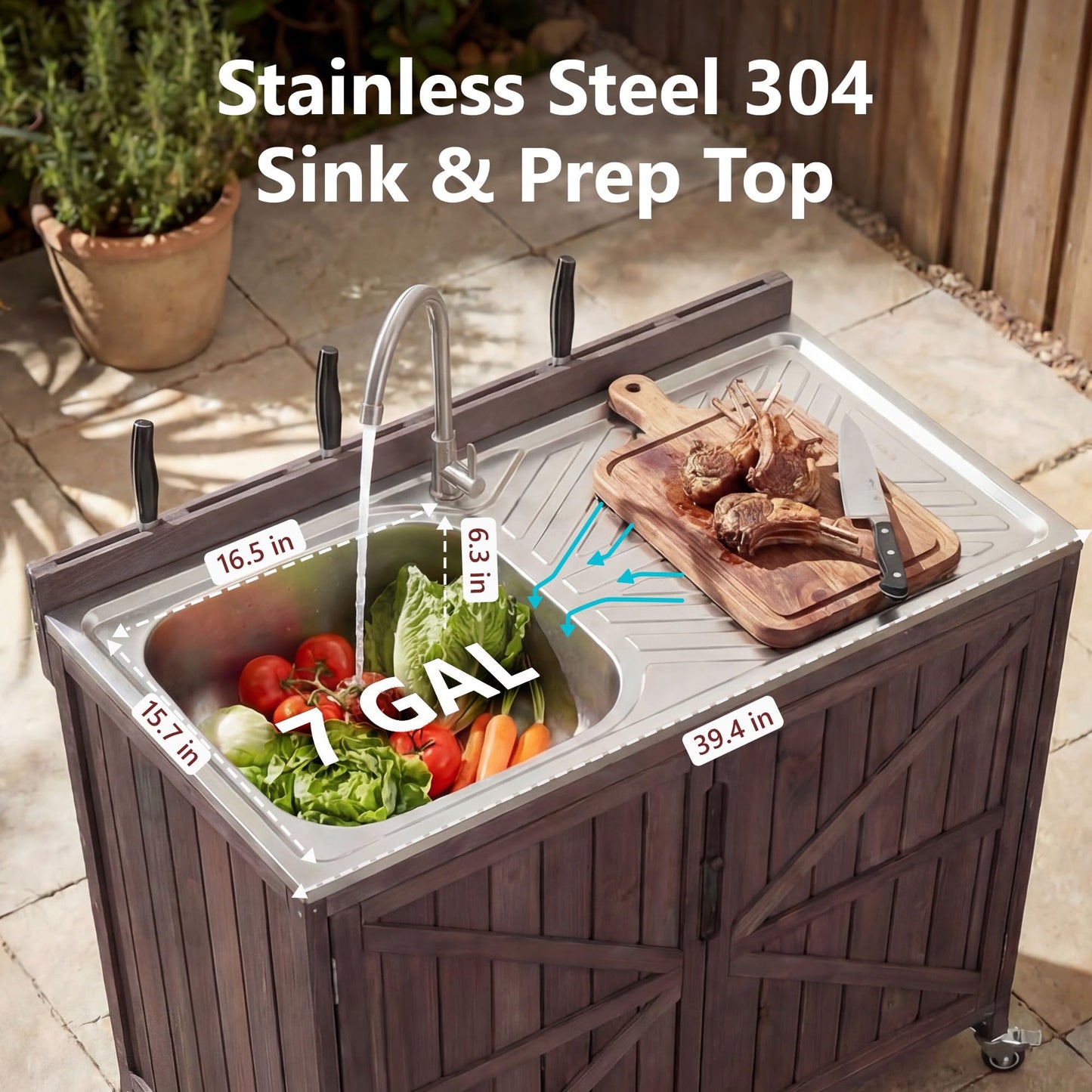 Merax Farmhouse 39.4" Outdoor Grill Cart with Stainless Steel Sink & Back Splash, Wood Rolling BBQ Prep Table w/Storage Cabinet & 4 Lockable Wheels for Patio and Outdoor Cooking,Dark Brown