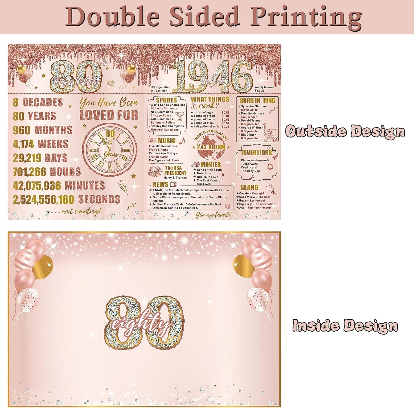 Turypaty 80th Birthday Card - Large Pink Rose Gold Design with Envelope | Giant Guest Signature Book Gift