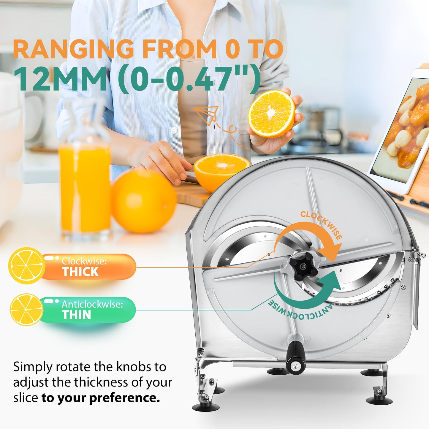 Newhai Manual Vegetable Fruit Slicer 0-12mm(0-0.47’’) Thickness Adjustable Commercial Food Cutter Slicing Machine Stainless Steel for Potatoes Lemon with 2 Spare Blades (Stainless Steel)