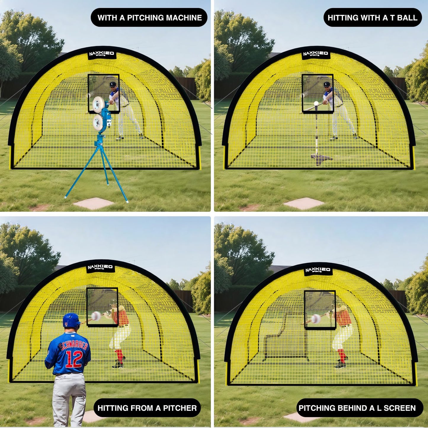 NaxKizo Upgraded 22ft x 12ft x 8ft Baseball & Softball Batting Cage Net with Pitching Machine Hole, 4ply 1.25'' Anti-Tear Netting, 13.4MM Fibreglass Poles, Portable Carry Bag