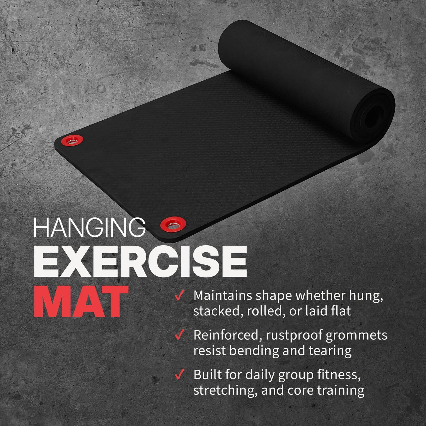 SPRI Hanging Exercise Mat, Fitness & Yoga Mat for Group Fitness Classes, Commercial Grade Quality with Reinforced Holes, 71"L x 23"W x 3/8" Thick