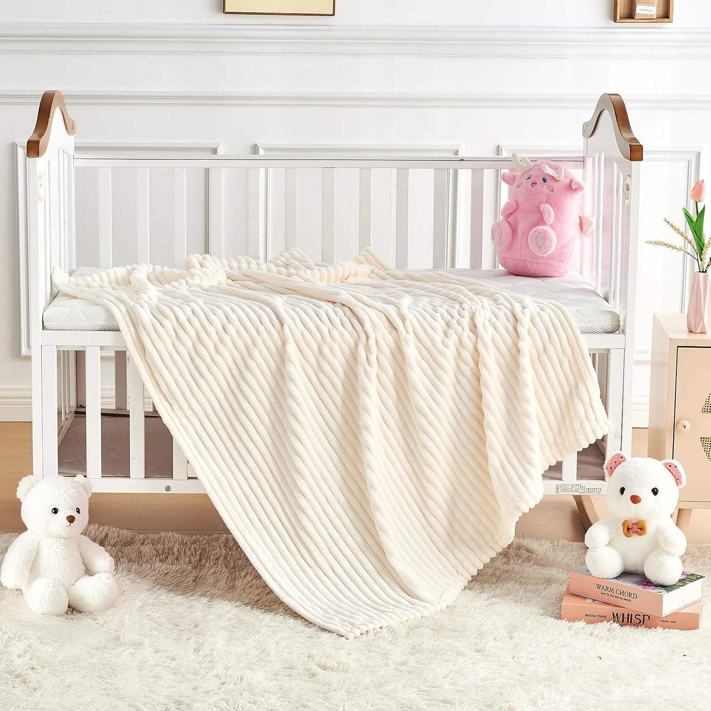 Skiennix Soft Fleece Baby Blanket - Ultra Cozy & Lightweight Reversible Stripes | 30x40 Inch, Cream