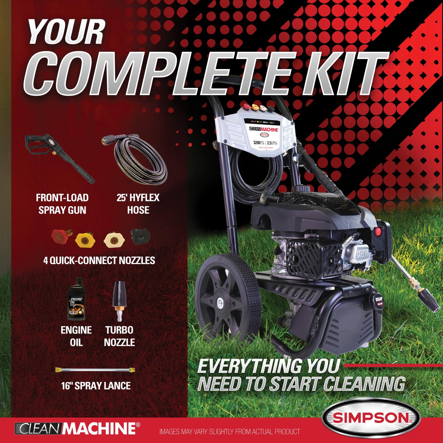 Simpson Cleaning 3200 PSI Gas Pressure Washer, 2.5 GPM Residential Power Washer with Soap Tank and Turbo Nozzle, 25' Hose, Clean Machine, 49-State (CM61456)