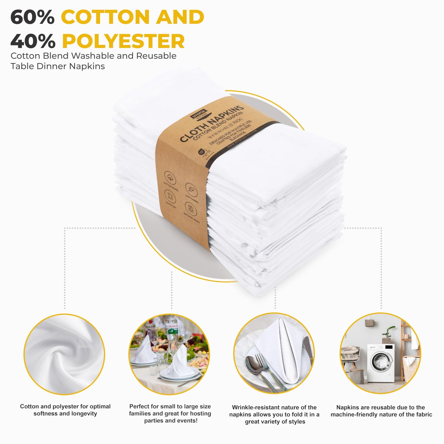Utopia Kitchen White Cloth Napkins [12 Pack, 18x18 Inch] Absorbent Cotton Blend Washable and Reusable for Dinner, Restaurant, Lunch, Wedding and Hotel
