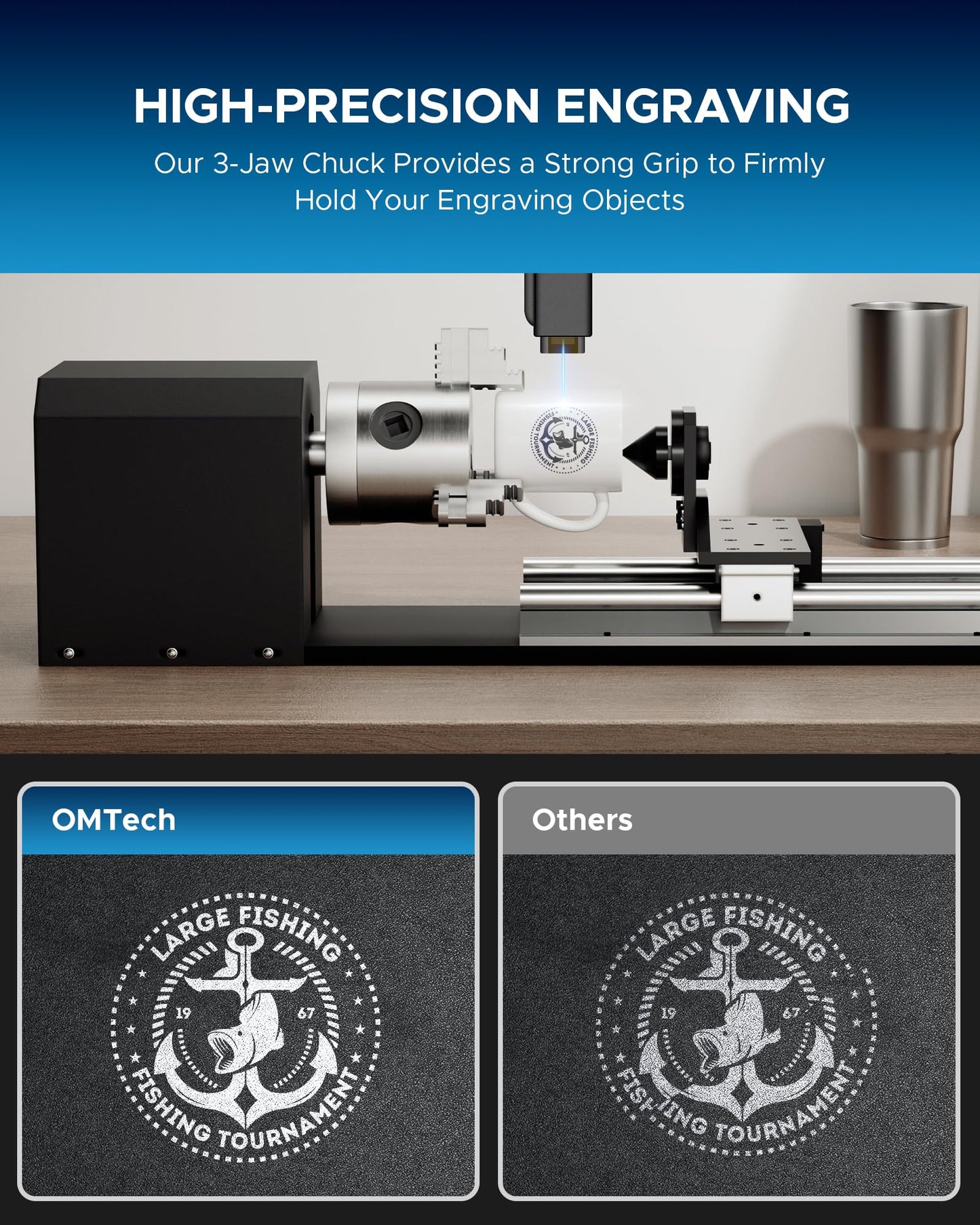OMTech Rotary Cutter and Engraver Attachment with 3-Jaw Chuck and 2-Phase Stepper Motor for 50W 60W 80W 100W 130W CO2 Laser Engraving Machines Rotary Tool Accessory Kit for Wood and More