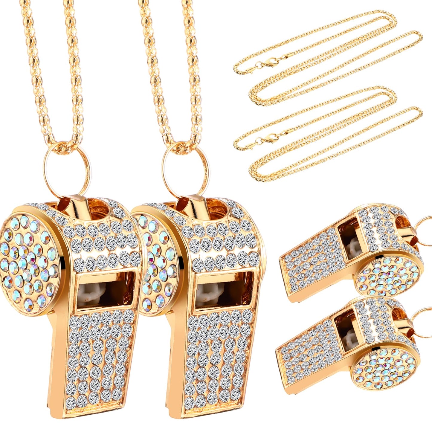 WinnerWhy 2 Pack Whistle Bling Metal Coach Teacher Whistle with Lanyard, Glitter Rhinestone Necklace Coach Accessories for Adult Referee Appreciation Gift Sport Training(Gold)