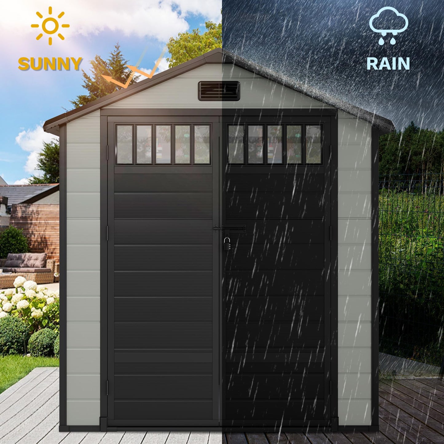 DWVO 6x4.4 FT Resin Storage Shed with Fence-Style and Side Windows, Lockable Door, and Vents for Garden, Backyard, Patio, Lawn, Blue-Gray