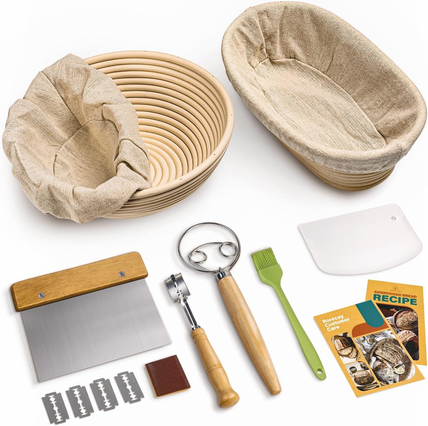 RORECAY Proofing Basket Set - 9" Round & 10" Oval Cane Baskets with Dough Whisk & Scrapers for Sourdough Baking