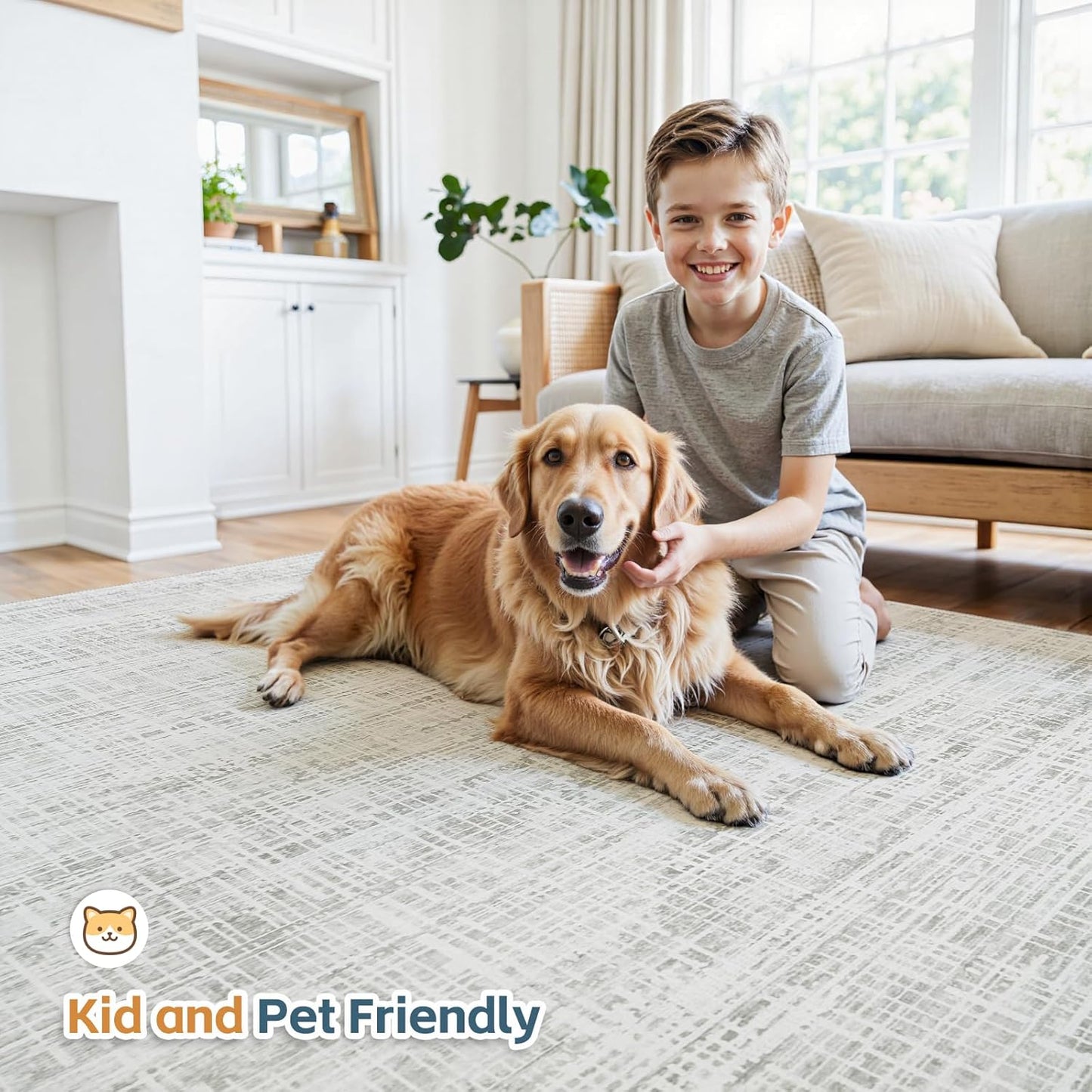Skiennix 8x10 Area Rug - Washable Anti-Skid Abstract Design for Living Room | Soft Non-Shedding Carpet (White Gray)