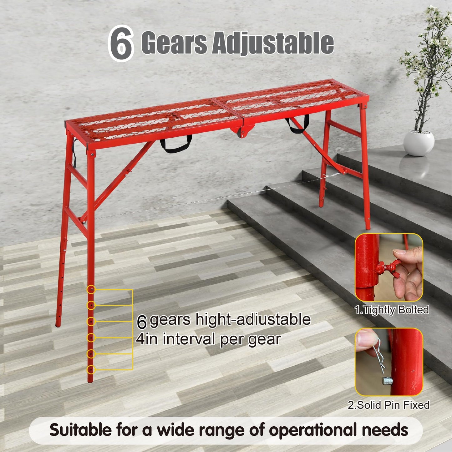LEADALLWAY Scaffolding Platform 770 Lbs Capacity 70(L) x15(W) x33(H) Folding Adjustable Portable Work Platform Ladder,Red