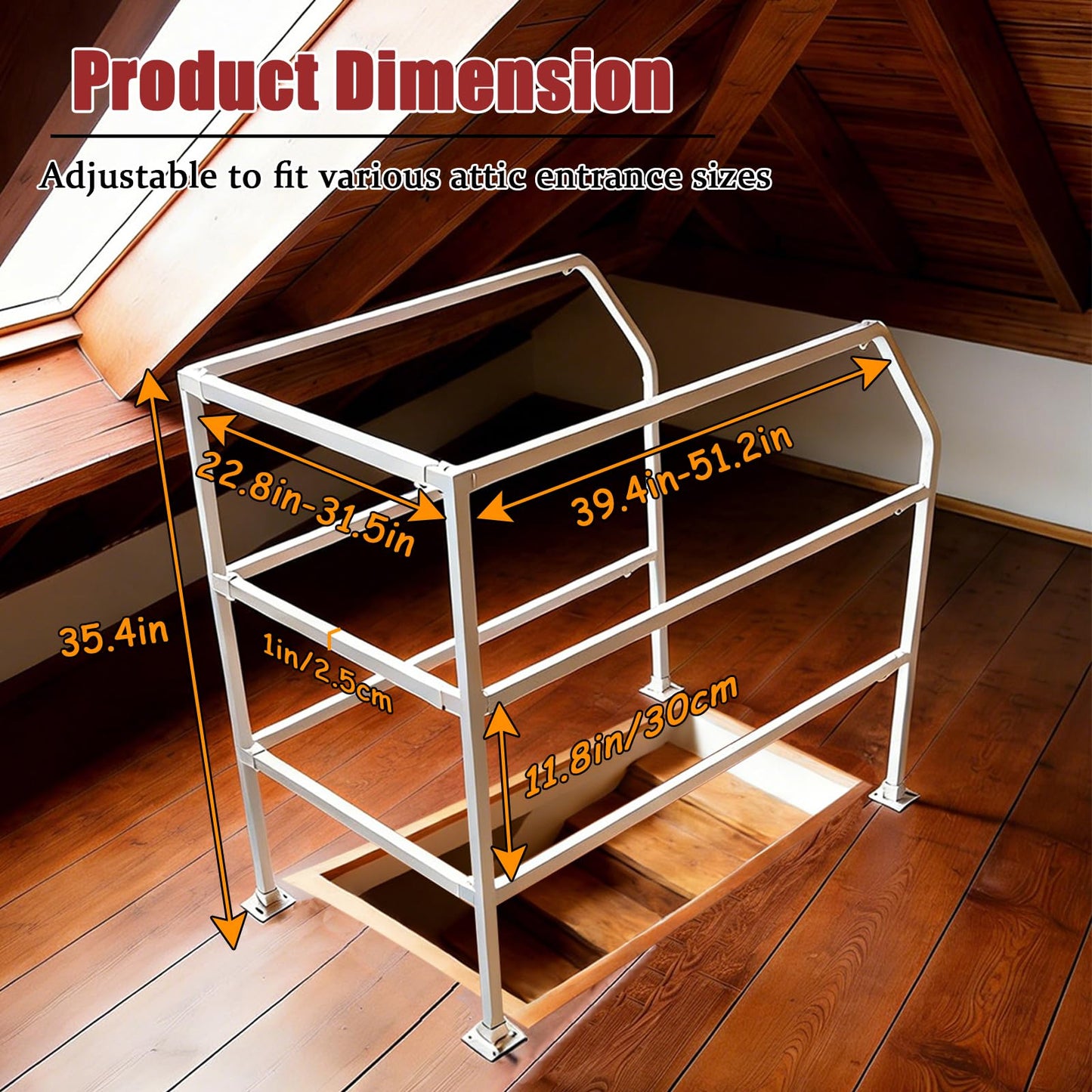 39"-51"Lift Attic Ladder Safety Railing,Attic Ladder Climbing Assistance Railing,Three-layer Adjustable Loft Handrail,3 Sided Carbon Steel Guardrail Ascend Descend at House/Garage/Storage Loft (White)
