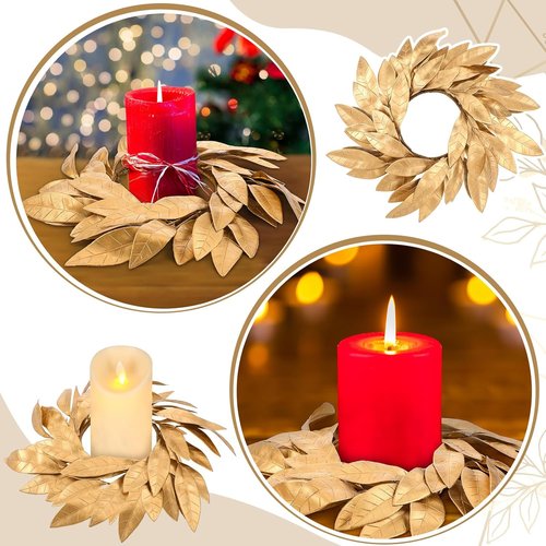 Domensi Gold Bay Leaf Candle Rings - 2 Pcs Rustic Wreath Holders for 3.9 Inch Pillar Candles