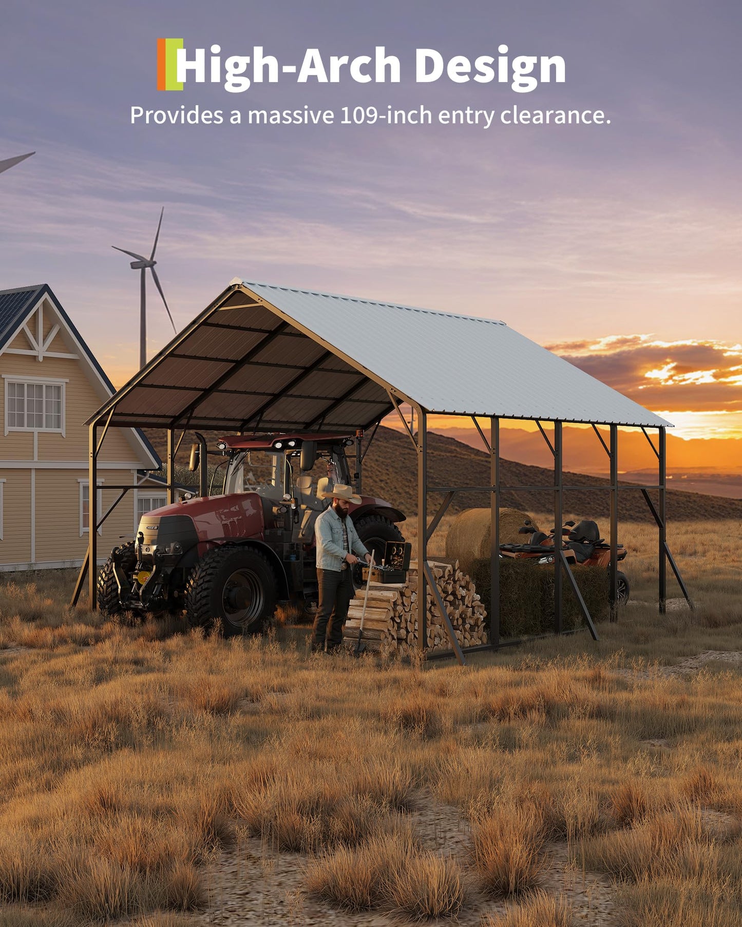 GarveeLife 20x20 ft Vertical Roof Metal Car Port, with 120° Steep-Pitch Roof for Snow Shedding, 173" High-Clearance RV & Tractor Shelter, Heavy-Duty 2 Cars Car Port with Reinforced Frame